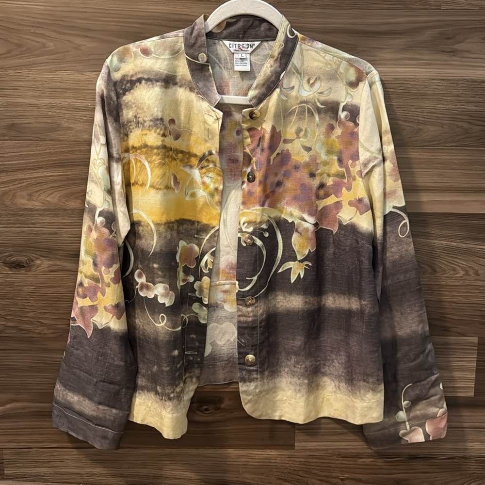 Citron Silk Linen Floral Abstract Mandarin Collar Mother Pearl Buttons Blouse L